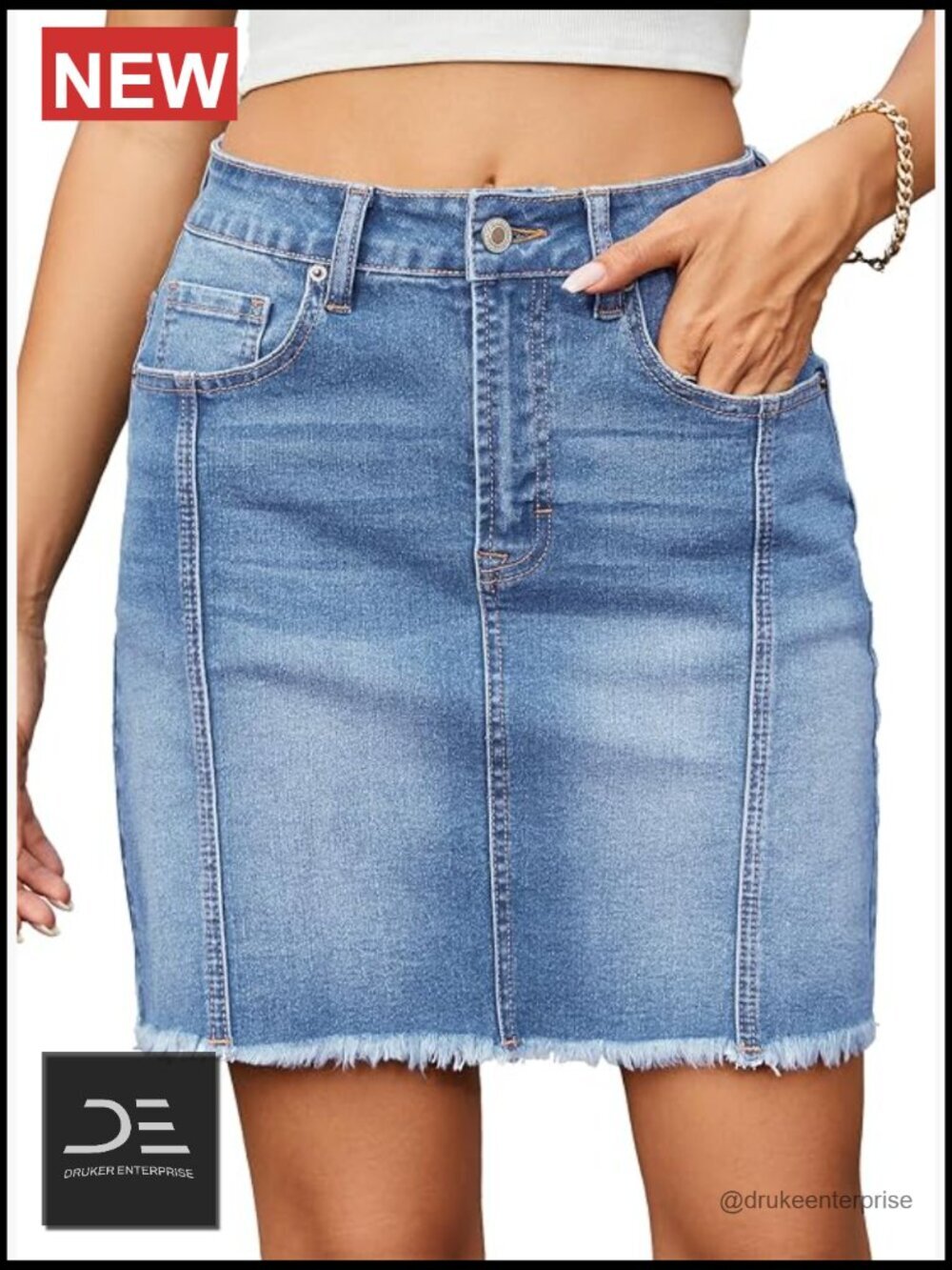 Stretch High Waist Raw Hem Zip Fly Denim Skirt - Picture 1 of 7